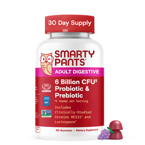 SmartyPants Adult Probiotic & Prebiotic Gummies for Digestive Health: 6 Billion CFU Gut Health Supplement, Clinically Studied Prebiotic for Immune Support, Grape, 60 Count (30 Day Supply)