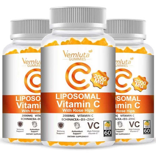 Vemluta 3 Packs Liposomal Vitamin C 2000mg Gummies Complex Rose Hips with D3 5000IU,Elderberry Echinacea,Iron & Zinc for Adults Kids Immune,Antioxidant & Collagen Support,Orange Flavor, 180Count