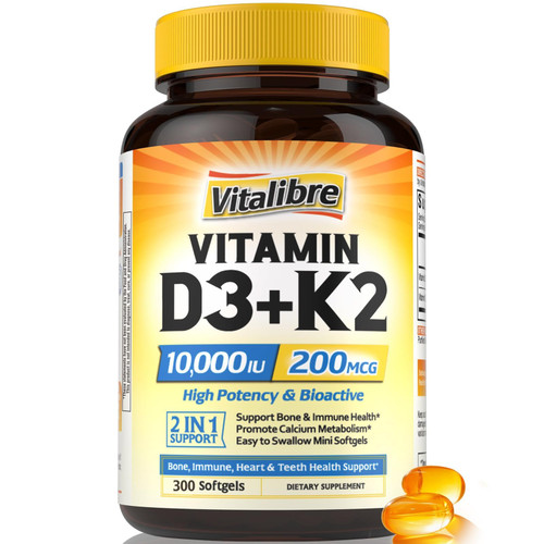Vitalibre Vitamin D3 K2 Supplement, 10000 IU D3 / 200 mcg K2 MK7, Calcium Absorption, Bone, Heart, Immune & Mood Support, Enhanced Absorption, No Soy, Easy to Swallow, 300 Softgels