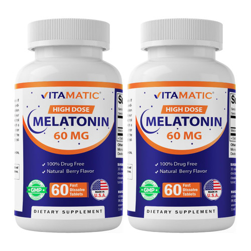 Vitamatic Melatonin 60 mg Fast Dissolve Tablets - 60 Vegan Natural Berry Flavor Tablets - Non-Habit Forming - Non-GMO, Gluten Free (2 Bottles)