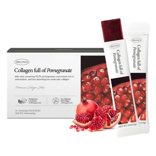 WELLINUS Korean Marine Collagen Jelly Sticks – Pomegranate Marine Collagen Peptides for Glowing Skin, Hair & Nails, Anti-Aging Beauty Supplement, Sugar-Free, Halal & GMO-Free, 25 Travel Packs