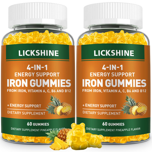 lickshine 2 Pack Vegan 100MG Iron Supplement Gummies for Women & Men - with Vitamin C, A, B for Adults & Kids - Energy Support for Iron Deficiency, Anemia - Pineapple Flavor (120 Ct)