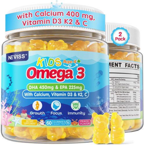 Kids Omega 3 Gummies + Calcium 400mg + Vitamin D3 K2 + C, Omega-3 DHA & EPA Supplement - No Fish Burps, No Sugar - Kids & Teens Omega 3 + Multivitamin Gummy for Strong Bones, Brain, Immune, Eye, 2Pack