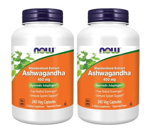 NOW Foods Ashwagandha Extract 450 mg Vegan, Kosher, Non-GMO - 240 Veg Capsules, (Pack of 2)