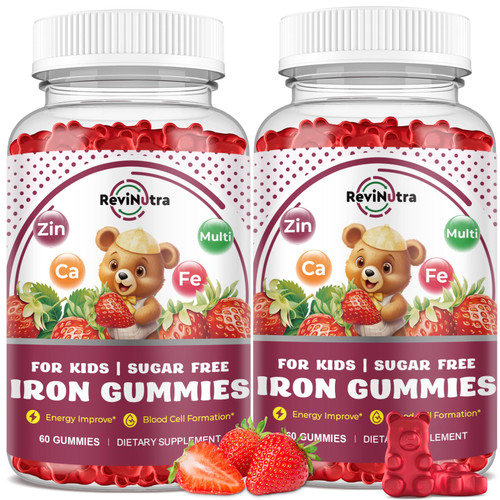 Iron Supplement Gummies for Kids - with Calcium, Zinc, Kids Multivitamin with Iron Gummies - Immune Support, Blood Builder & Energy Support for Iron Deficiency - 2 Pack Strawberry Flavour, 60 Gummies