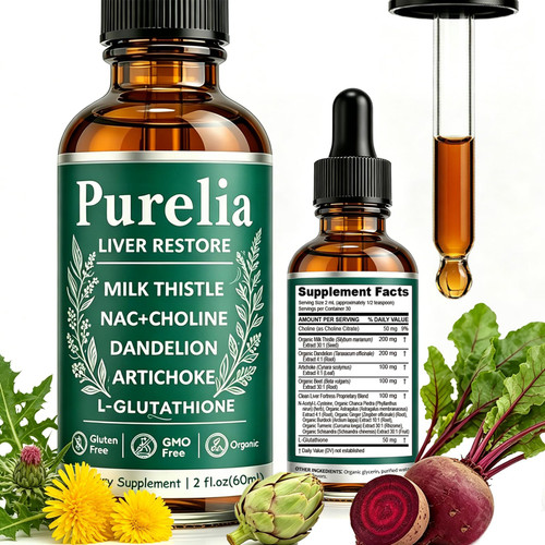 Purelia Liver Restore, 2.02FL OZ Liver Restore Drops, Complete Liver Support Supplement with Milk Thistle, Dandelion Root, L-Glutathione & Choline for Natural Balance & Liver Cleanse