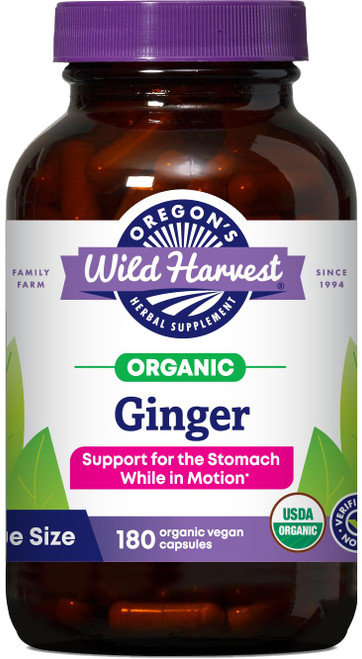 Oregon's Wild Harvest Ginger Herbal Supplement for Stomach Support, Certified USDA Organic, Non-GMO, Gluten-Free, 180 Vegan Capsules