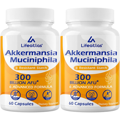 Lifeatlas Akkermansia Supplement Probiotic | Akkermansia with 300 Billion AFU Akkermansia Probiotic, 6-in-1 Akkermansia Probiotics for Women and Men, Daily Akkermansia Supplement, 120 Caps