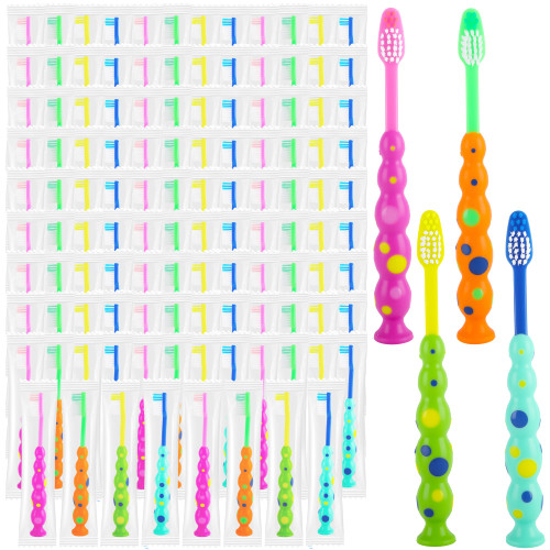 Medanera 120 Pcs Student Toothbrush Bulk with Suction Cup Soft Bristles Individually Wrapped Lovely Multicolor Toothbrushes for Boys Girls Home School Travel, 4 Colors