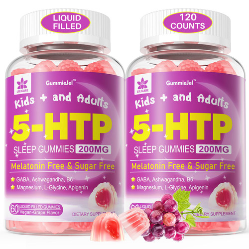 5HTP Gummies for Adults & Kids 8+, Melatonin Free Gummies with Magnesium Glycinate, GABA, L-Glycine, Ashwagandha, Vitamin B6 for Delicious Zzzs, Brain & Muscle Relaxation, 0 Sugar 60 Count (Pack of 2)