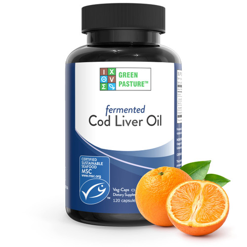 Green Pasture Fermented Cod Liver Oil - Orange Flavor, Wild Alaska Cod, Vitamins A & D, Omega-3-6-9, MSC Certified, 120 Capsules
