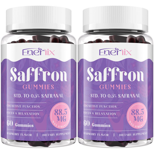 Enerlix Saffron Gummies 88.5 mg with Magnesium, Max Strength Saffron Supplements with St. John’s Wort, GABA, Rhodiola, Rosemary & Passion Flower Extracts for Mood, Focus - 120 Servings