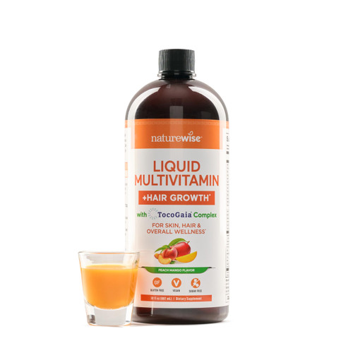 NatureWise Liquid Multivitamin Hair Growth for Women & Men + Tocogaia® for Hair Growth & Skin Elasticity Support + Biotin, Vitamin D, E, B - Sugar Free Multivitamin, Vegan - 30 fl oz[30 Servings]