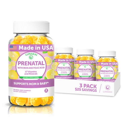 Lunakai USA Made 17-in-1 Prenatal Vitamins for Women with Iron & Folic Acid – Delicious Daily Prenatal Gummies for Maternal Wellness Support - 3 Pack