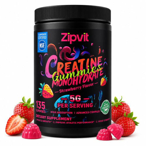 Creatine Monohydrate Gummies, NSF Certified Creatine Gummy, 5g Dose for Men & Women to Support Muscle, Strength, Recovery, Cognitive Health & Memory, Strawberry Flavor, 135 Gummies