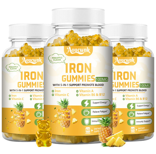 Aouewnk 3 Packs 100MG Iron Supplements Gummies for Women & Men - Contains Vitamin C, A, B - Suitable Adults & Kids, Iron Deficiency, Immune & Energy Support, Pineapple Flavor, Non-GMO, 180 Counts