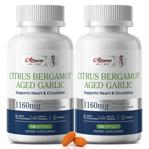 Alliwise 2 Pack Citrus Bergamot with Aged Black Garlic Extract Softgels, 1160mg Formula Cholesterol Support Supplement, Bergamot Supplement for Heart & Circulation Health, 240 Gelcaps