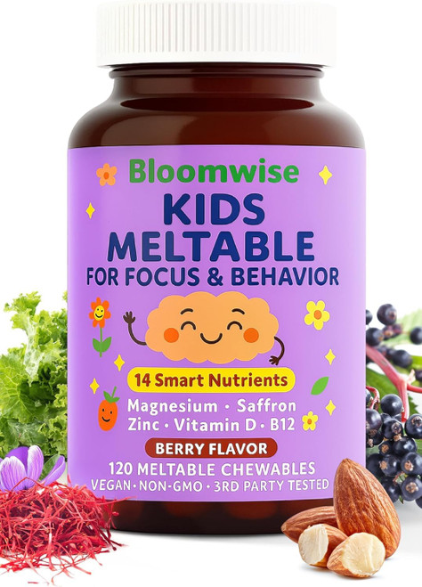 Bloomwise Kids Meltable Supplements, Magnesium Glycinate, Saffron, L-Theanine, Myo-Inositol, Choline, Taurine, Probiotic Blend, Prebiotic, Elderberry, Vitamin D3, C, A, Folate, Zinc 120 Berry Tablets