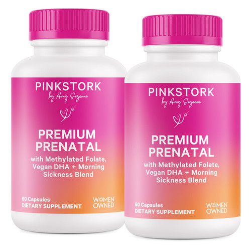 Pink Stork Premium Prenatal Vitamin for Women - Multivitamin & Probiotics - Morning Sickness, Digestion, & Energy - Folate, B6, & Iron - 60 Capsules - 2 Pack