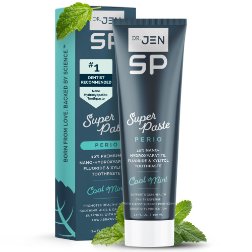 Dr. Jen Super Paste Perio Toothpaste, Cool Mint, Fluoride + 10% Premium Nano Hydroxyapatite, Xylitol, SLS Free, Low Abrasivity, Aloe + Calendula, Dentist Designed, Fresh Clean Feel, 1 Pack