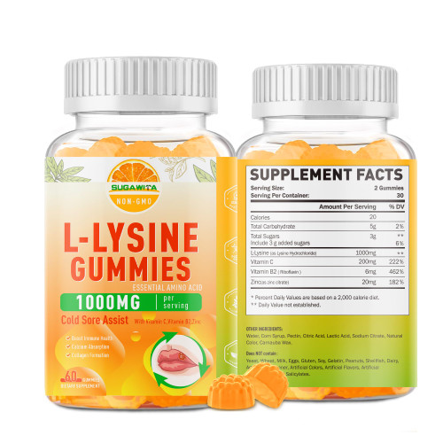 SUGAWITA 2 Packs Lysine Gummies 1000 mg, Cold Sore Treatment with Immune Support for Lips & Oral, Chewable L- Lysine Supplement for Adults & Kids, Boost Immune & Collagen, Gluten Free - 120 Counts