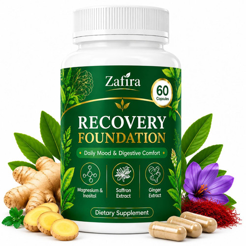 Zafira Organics Recovery Foundation Capsules | Mood & Mental Focus Support | Daily Wellness & Digestive Comfort | Saffron Extract, Myo-Inositol, Magnesium & Ginger Extract | Non-GMO | 60 Capsules