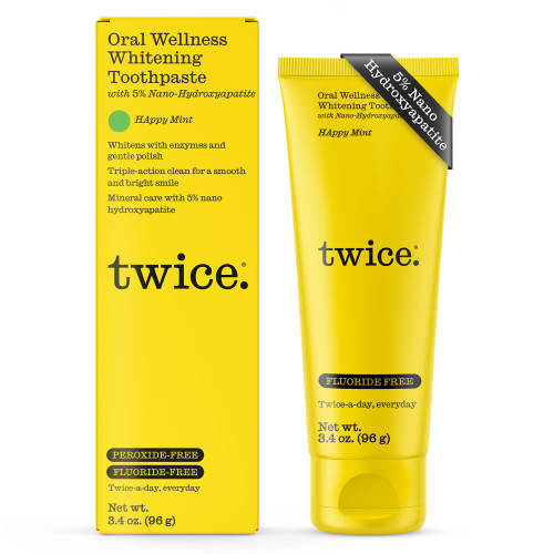 Twice 5% Nano Hydroxyapatite Whitening Toothpaste - Fluoride & Peroxide Free, Vegan, Gentle Triple-Action Clean for Everyday Oral Care - Happy Mint - 3.4oz (Pack of 6)