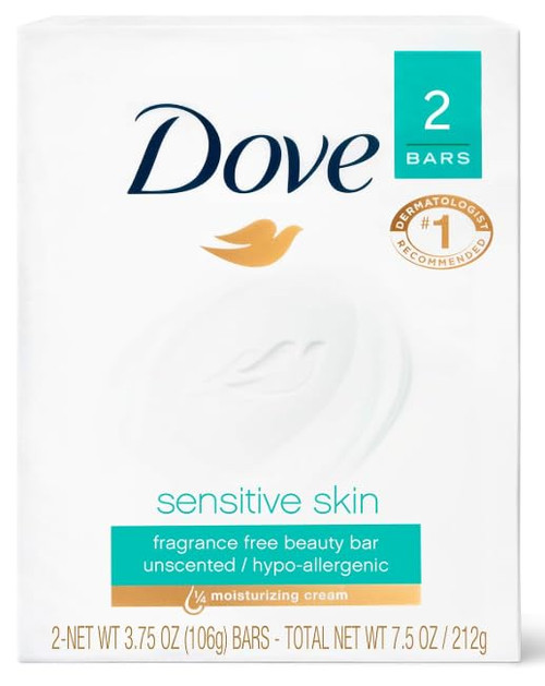 Dove Beauty Bar Soap Sensitive, 24 Bars for Sensitive Skin, Fragrance Free and Hypoallergenic 3.75 oz