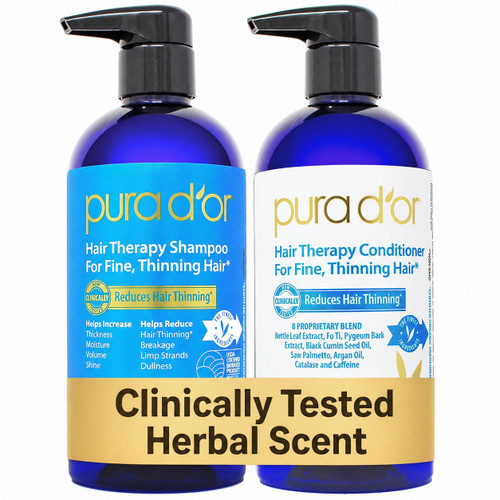 PURA D'OR Hair Thinning Therapy Biotin Shampoo & Hair Regrowth Conditioner Set, CLINICALLY TESTED Effective Results, Hair Thickening Products For Women & Men, Herbal Scent, Color Safe, 16oz x2