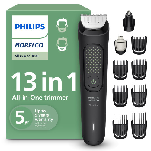 Norelco Philips All-in-One 3000 Series 13 in 1 Trimmer for Men, Beard Trimmer & Head Hair Clipper, Full Metal Self-Sharpening Blades & 8 Length Settings, MG3939/50