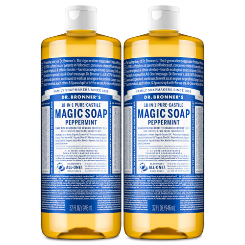 Dr. Bronner's Pure-Castile Magic Liquid Soap- Made with Regenerative Organic Oils- For Body, Face, Hair, Dishes, Pets, Laundry Natural, Vegan, Non-GMO - Peppermint, 32 oz (2-Pack)