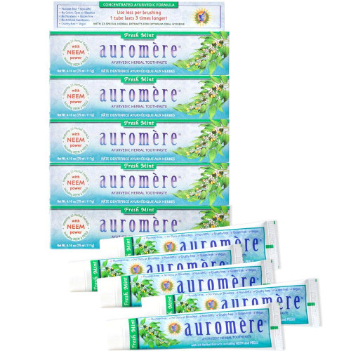 Auromere Ayurvedic Herbal Neem & Clove Toothpaste - All Natural Fluoride Free Toothpaste for Adults and Kids, Suitable for Sensitive Teeth, SLS-Free, Non GMO, Vegan, Cruelty-Free - 5 Pack