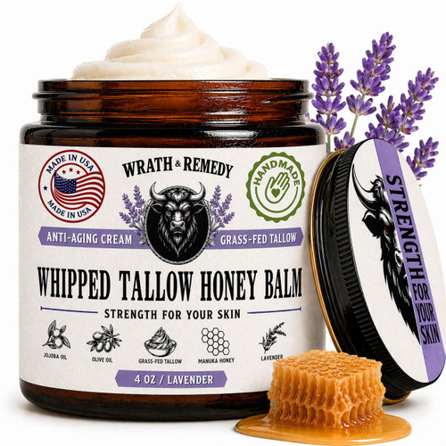 Organic Beef Tallow for Skin - 4 OZ (Lavender) — US-Made Grass Fed Beef Tallow for Face + Body — Whipped Tallow and Honey Balm Moisturizer for Dry and Sensitive Skin, Eczema, Rosacea (No Additives)
