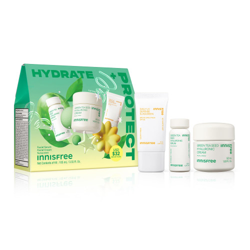 Innisfree Hydrate + Protect Set | Korean Skincare Set with Hydrating Green Tea Serum, Moisturizing Green Tea Cream, and LIgtweight Broad Spectrum SPF 36 | Hyaluronic Acid for Plumping