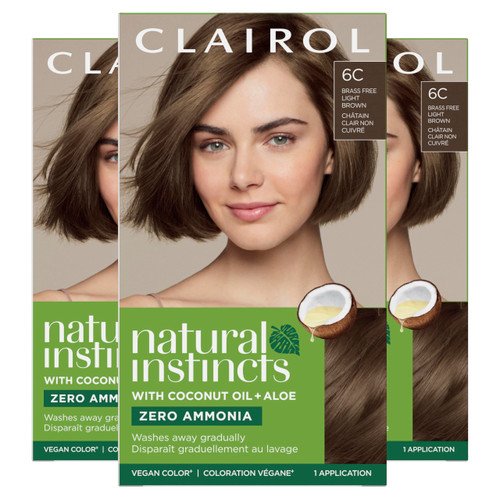 Clairol Natural Instincts Demi-Permanent Hair Dye, 6C Light Brown | Ammonia‑Free, Vegan Hair Color with Coconut Oil & Aloe Vera | Pack of 3
