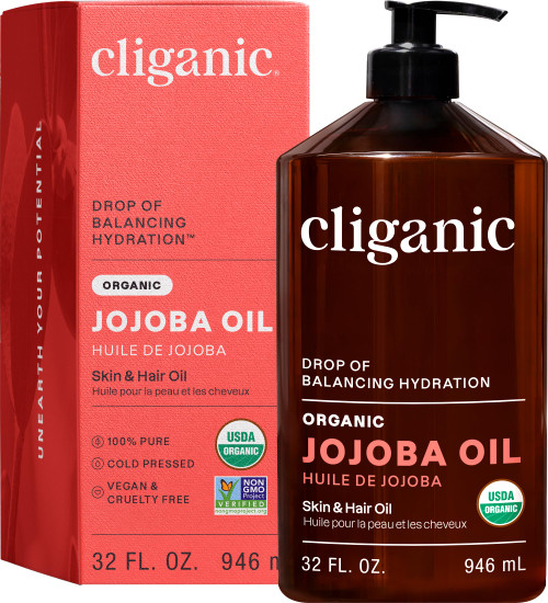 Cliganic Organic Jojoba Oil 32 oz, 100% Pure | Bulk, Natural Cold Pressed Unrefined Hexane Free Oil for Hair & Face