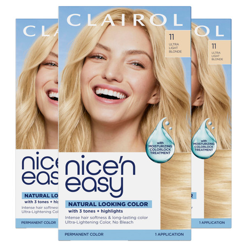 Clairol Nice'n Easy Permanent Hair Dye, 11 Ultra Light Blonde | 100% Gray Coverage | Long‑Lasting, Natural‑Looking Color & Shine | Pack of 3