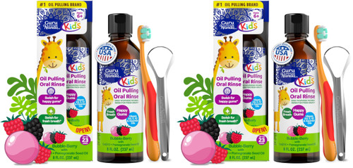 GuruNanda Kids Oil Pulling, Alcohol-Free Mouthwash, Essential Oils & Vitamins for Fresh Breath & Happy Gums for Ages 6 & up, Natural Bubble Berry, 8 Oz (Pack of 2)