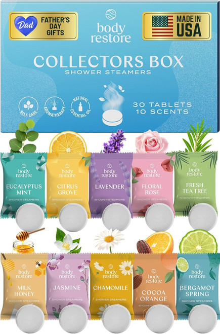 Body Restore Shower Steamers Aromatherapy 30 Pack – Fathers Day Gift for Dad, Birthday Gifts for Women & Men, Spa Stress Relief & Relaxation Self Care Gifts – Premium Collectors Box