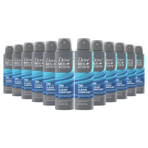 Dove Men+Care Antiperspirant Deodorant Clean Comfort, Pack of 12, Dry Spray For Men 72-hour Sweat and Odor Protection with Triple Defense Technology 3.8 oz
