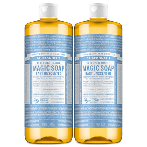 Dr. Bronner's Magic Soap-Pure-Castile Liquid Soap (Baby Unscented, 32 ounce, 2-Pack)-Regenerative Organic Certified Oils, 18-in-1 Uses: Body, Laundry & Dishes, For Sensitive Skin, No Fragrance