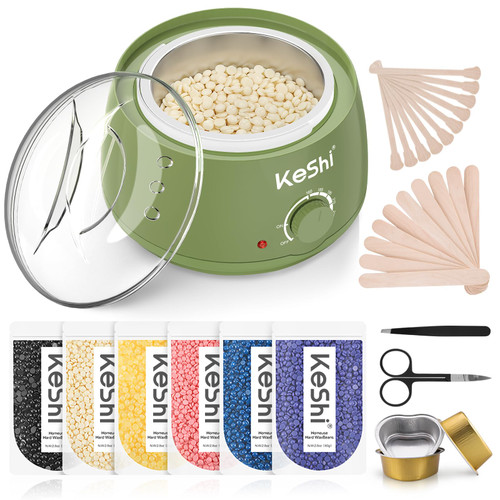 KeShi Waxing Kit, Painless Hair Removal Wax Warmer with 6 Bags Hard Wax Beans for Full Body, Legs, Face, Eyebrows & Bikini— Ideal for Both Women & Men(Green)