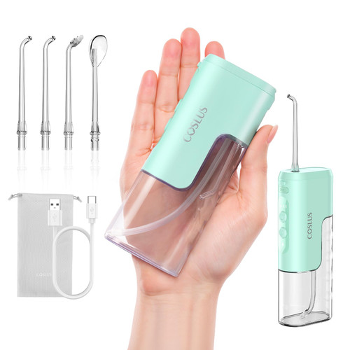 COSLUS T40 Mini Water Flosser for Travel: Portable Lightweight Design Cordless Oral Irrigator with Removable Tank & 4 Modes, IPX7 Waterproof for Braces, Sensitive Teeth Travelers & Family Use, Green