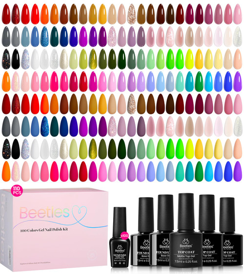 Beetles Gel Nail Polish Set - Chroma Dreams 100 Colors Rainbow Gel Polish Collection with 5 Pcs Base & Top Coat, Pink Blue Orange Purple Bright Pastel Shades, Soak Off UV LED Nail Art Kit for Women
