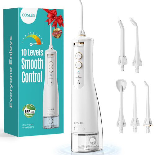 COSLUS E40 Portable Water Flosser for Teeth: ADA Accepted, 10 Pressure Settings Professional Water Dental Pick for Orthodontic, Braces & Sensitive Gums - Cordless for Travel Use, for Teens, BPA-Free