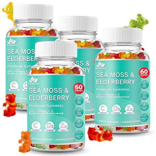 BIO VITALICA Irish Sea Moss Gummies with Elderberry – USA Made Vegan Gummies with Vitamin C, D & Zinc – Immune Support Supplement with Bladderwrack & Burdock Root for Adults & Kids – 4 Packs