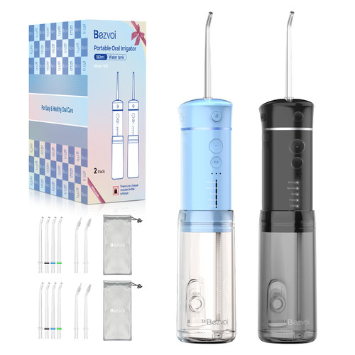 Bezvoi 2 Pack Travel Water Flosser for Teeth Cleaning: Water Dental Pick Set with Elegant Packaging for Couples Friends, 5 Modes & Removable Tank, Waterproof, Portable, for Braces, Gums Care