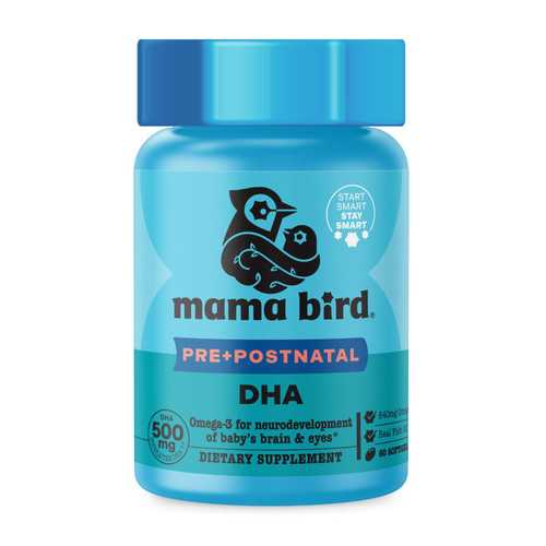Mama Bird - Pre+Postnatal DHA (30 Servings) Omega 3 Fish Oil 500mg DHA - Lemon-Infused Softgels - Mom & Baby Brain Health - Post+Prenatal Vitamins for Women - Gluten Free, Non GMO