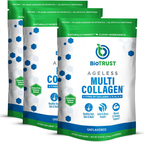 BioTrust Ageless Multi Collagen Peptides Powder - 5 Types (I, II, III, V, X) - Unflavored Collagen Powder for Women & Men - Hydrolyzed Protein - Grass Fed Beef, Fish, Chicken, Eggshell Membrane, 3-pk