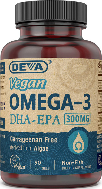 Deva Vegan Omega-3 DHA - EPA 300 mg Potency, Carrageenan Free Non Fish, from Algae, 90 Vegetarian/Vegan Softgels